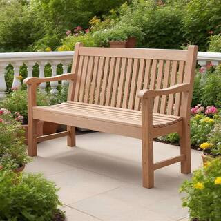 All-Weather Polystyrene Lumber 2-Person Plastic Outdoor Garden Bench in Teak | The Home Depot