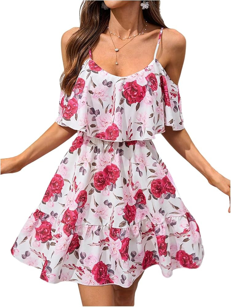 SOLY HUX Women's Boho Floral Print Cold Shoulder Dress Short Sleeve Ruffle A Line Vacation Elegan... | Amazon (US)