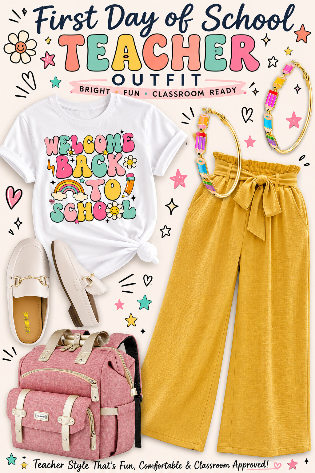 🍎 First Day of School Teacher Outfit! ✏️

How CUTE is this for back to school?! 😍 I paired a fun “Welcome Back to School” teacher tee with mustard wide-leg pants, comfy neutral loafers, colorful pencil hoop earrings, and the cutest pink teacher backpack!

It’s bright, fun, comfortable, and classroom-ready without sacrificing style. Perfect for the first day of school, back-to-school week, elementary teachers, or any teacher who loves a little color in her classroom wardrobe!

Shop all the pieces to recreate this cute teacher outfit below! 💕📚✨ 

 