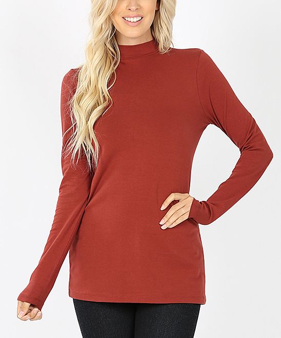 Lydiane Women's Tee Shirts DKRUST - Dark Rust Long-Sleeve Mock Neck Top - Women & Plus | Zulily