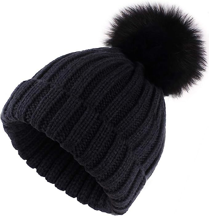 ElifeAcc Winter Beanie Hat with Large Faux Fur Bobble Pom Pom Winter Fur Knitted Hat for Outdoor ... | Amazon (UK)