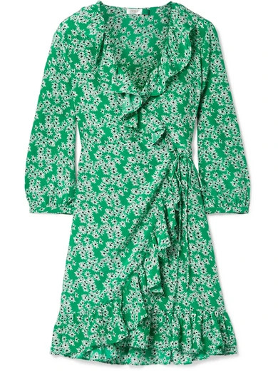 RIXO London - Abigail Ruffled Floral-print Silk Crepe De Chine Wrap Mini Dress - Green | NET-A-PORTER (UK & EU)