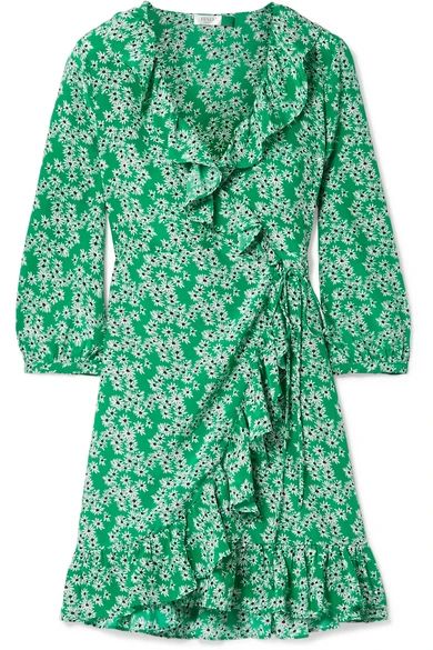 RIXO London - Abigail Ruffled Floral-print Silk Crepe De Chine Wrap Mini Dress - Green | NET-A-PORTER (UK & EU)