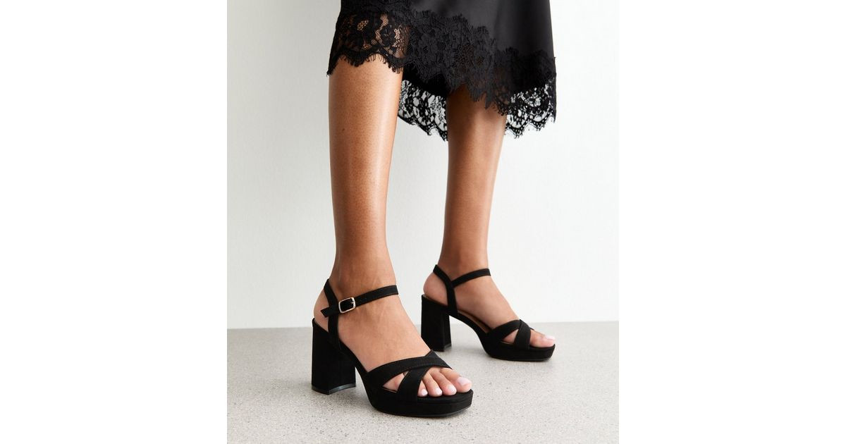 Black Faux Suede Cross Strap Heel Sandals | New Look | New Look (UK)