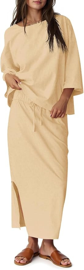 Tankaneo Womens 2 Piece Outfits Fall Skirt Sets Oversized 3/4 Sleeve Top and Maxi Skirt Vacation ... | Amazon (US)