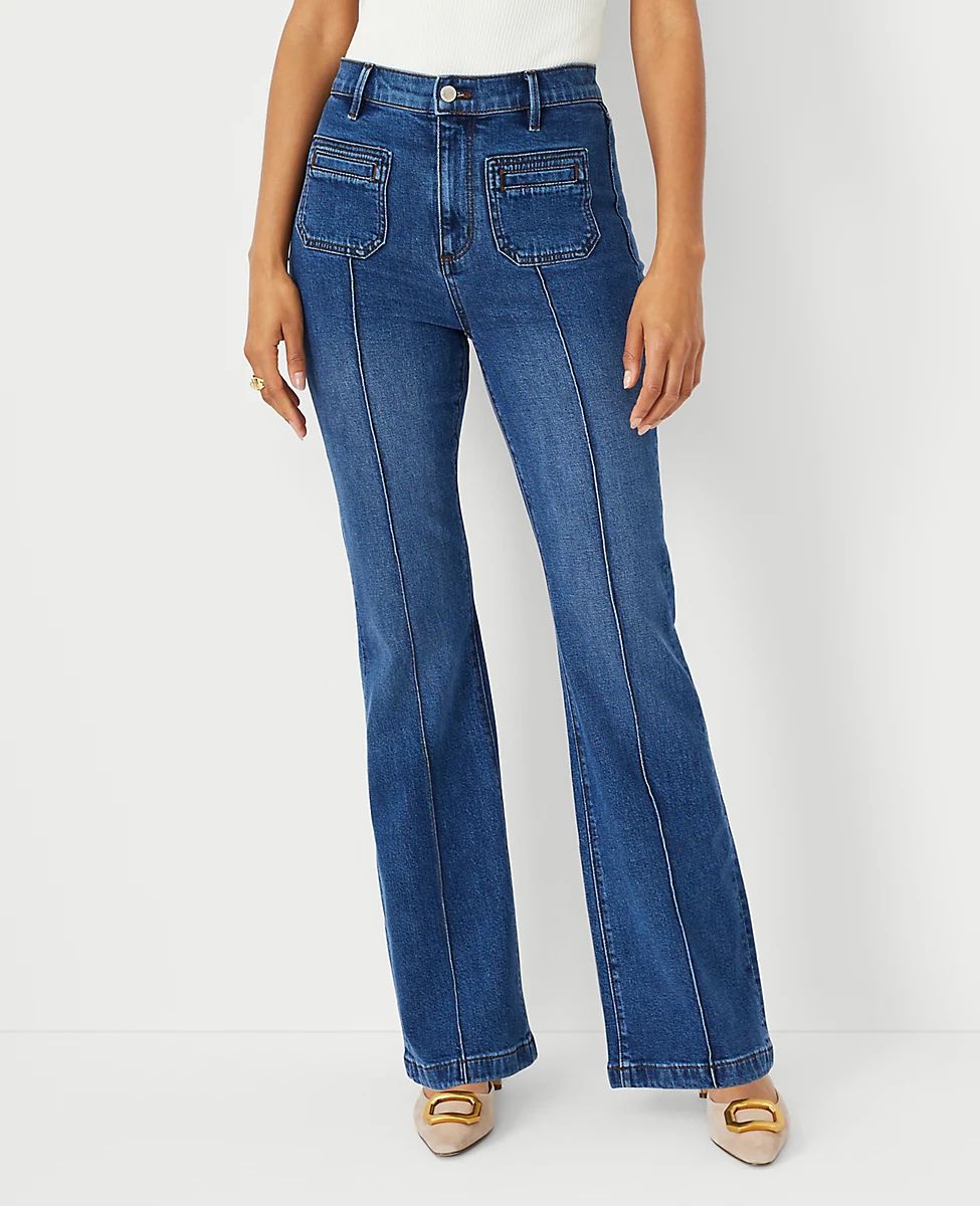 Petite Sculpting Pocket High Rise Flare Jeans in Luxe Medium Wash | Ann Taylor (US)