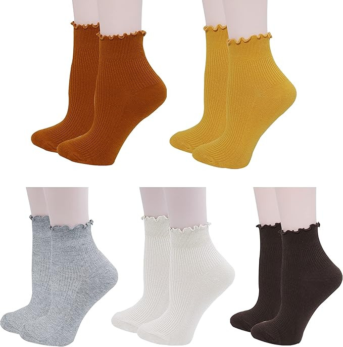 Lovful Paquete de 5 calcetines de tobillo para mujer, calcetines de algodón con volantes y cuell... | Amazon (US)