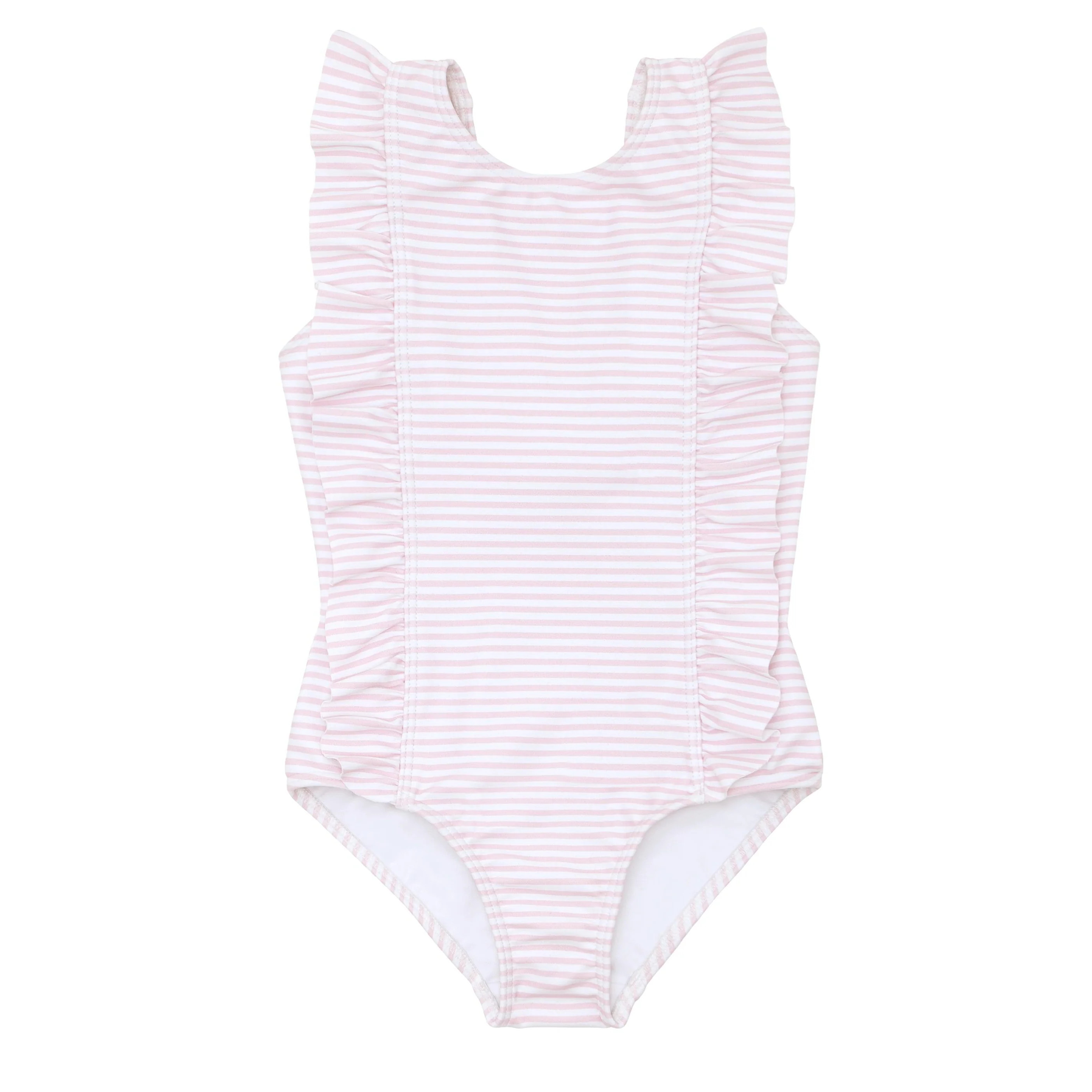 girls pink stripe ruffle one piece | minnow