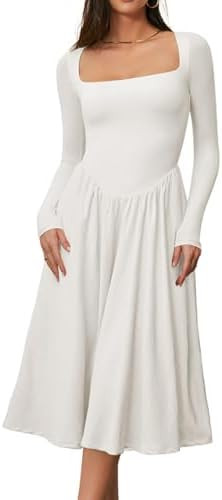 CHYRII Women Spring Fashion 2025 Square Neck Long Sleeve Casual A-Line Midi Dress | Amazon (US)