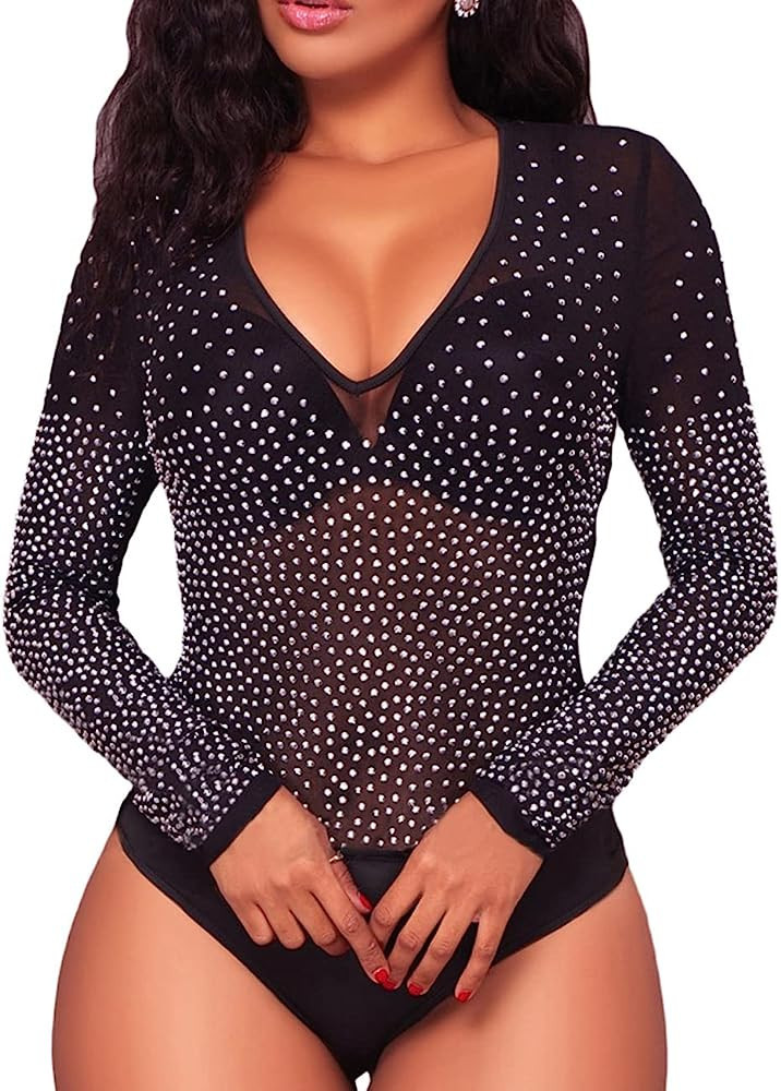Lrady Women's Sheer Mesh Turtleneck Neck See Through Leotard Bodysuit Body Tops | Amazon (US)