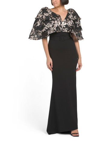 Fitted Gown With Jacquard Floral Sleeves | TJ Maxx