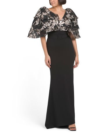 Fitted Gown With Jacquard Floral Sleeves | TJ Maxx