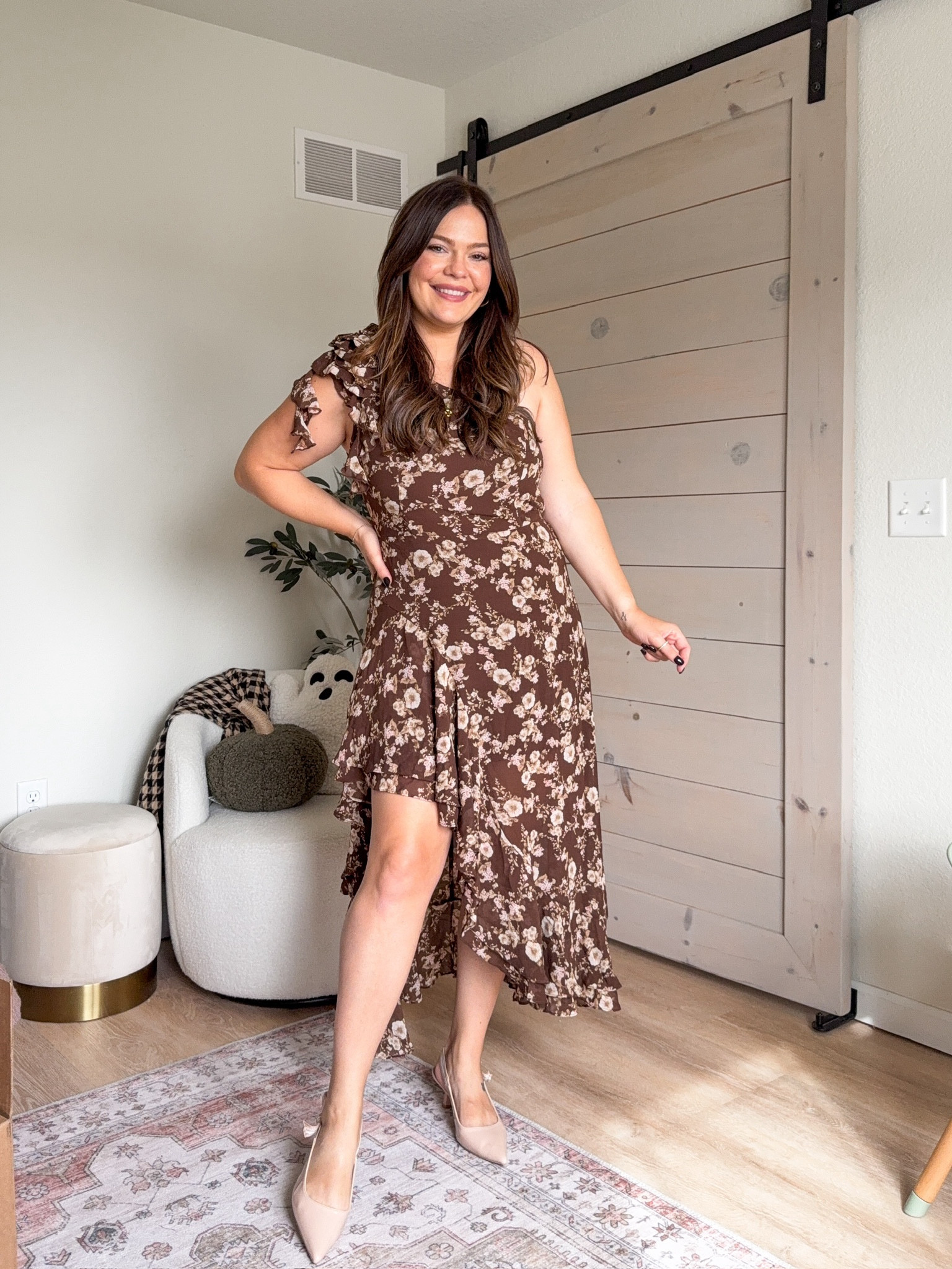 Fall wedding guest dress // the floral one shoulder dress is size 14 - recommended to size up and it fits well! Fall fashion. Fall dress. Fall wedding. Fall family photos dress. 

#LTKWedding #LTKStyleTip #LTKSeasonal