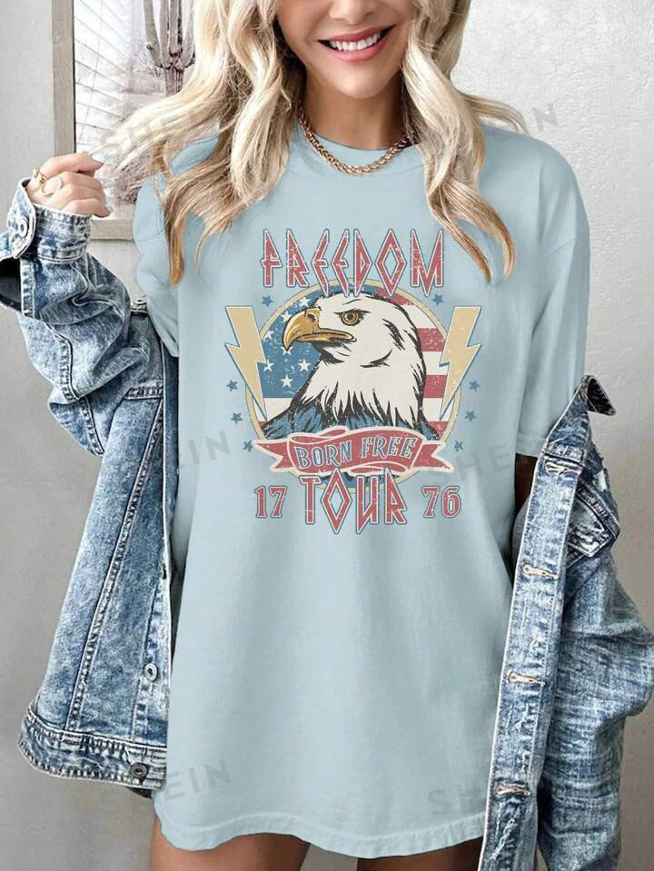 SHEIN LUNE Plus Size Eagle And Letter Print Short Sleeve T-Shirt, Suitable For Casual Summer Wear... | SHEIN