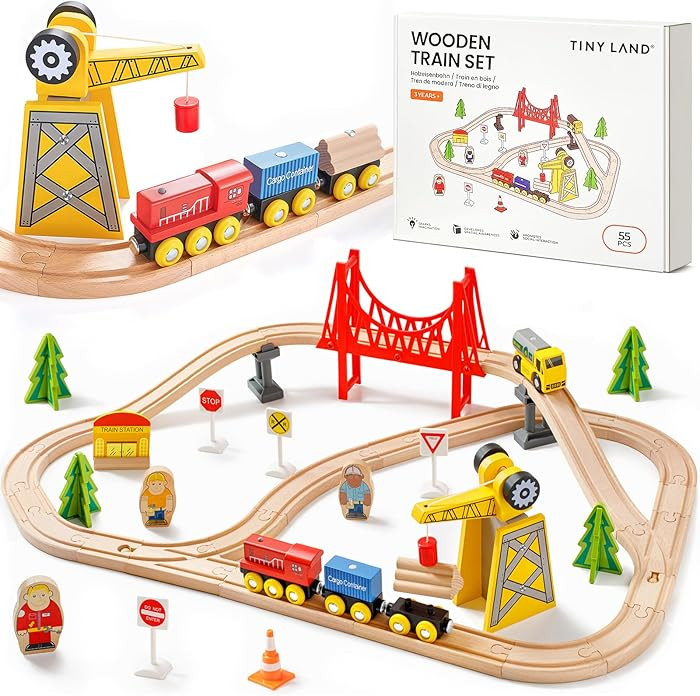 Tiny Land 55PCS Wooden Train Set - Compatible with Major Brand Tracks, Educational Toy for Toddle... | Amazon (US)