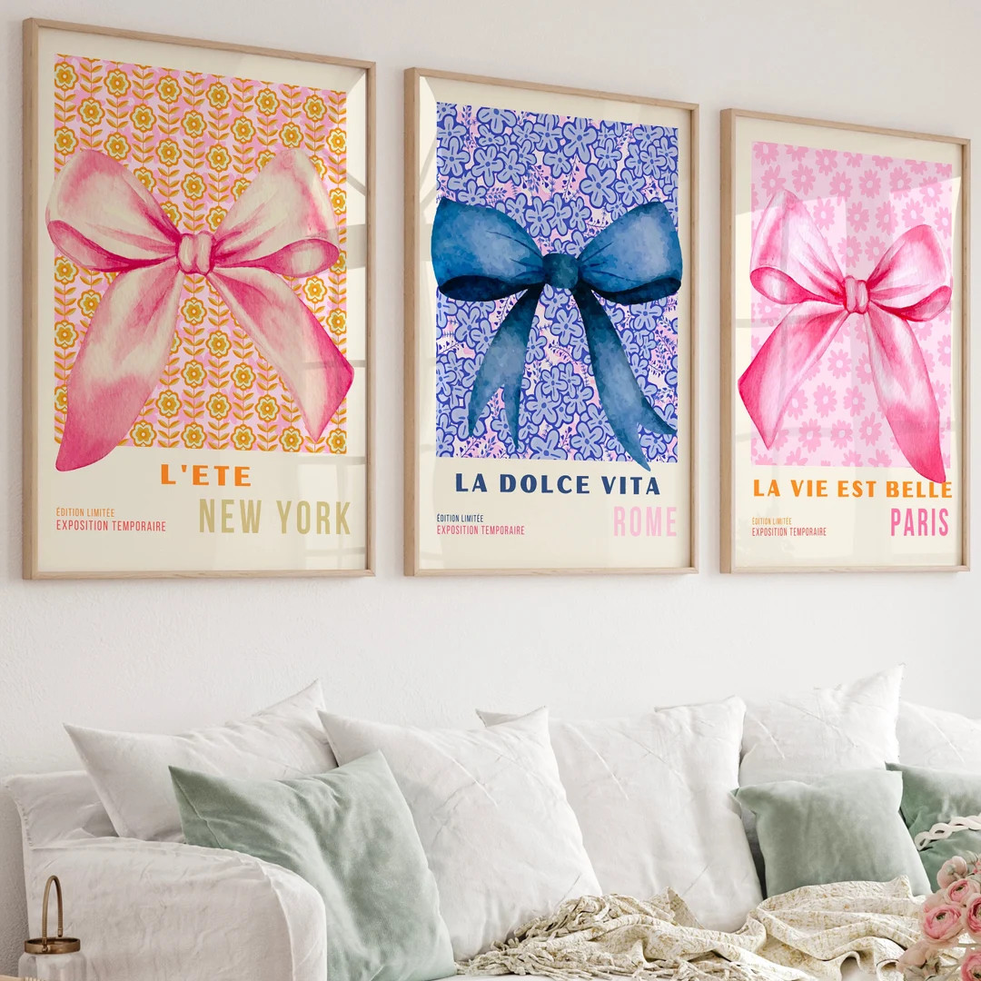 Coquette Pink Bow Prints Trendy Retro Wall Art Set of 3 Travel Posters Aesthetic Print Coquette P... | Etsy (US)