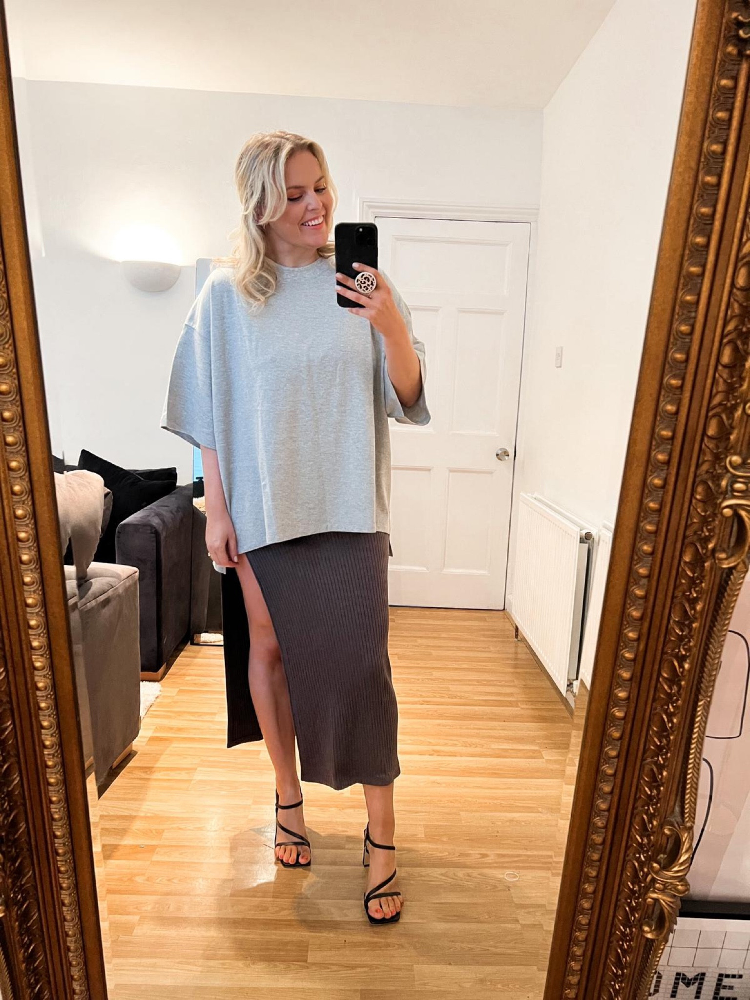 Grey slouchy blouse, ribbed maxi slit skirt, black high heels, oversize tshirt 

#LTKeurope #LTKstyletip #LTKSeasonal