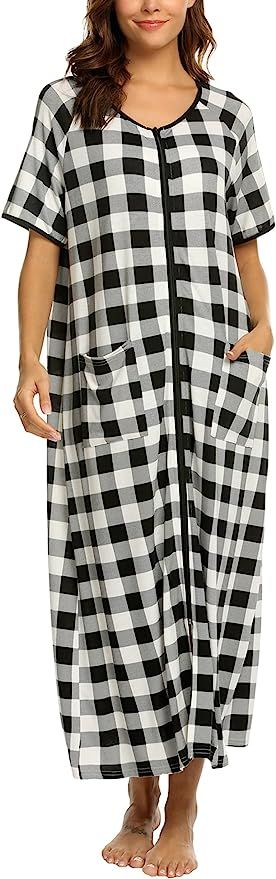 Ekouaer Women Robes Zipper Front Short Sleeve Full Length Housecoat with Pockets Loungewear S-4XL | Amazon (US)