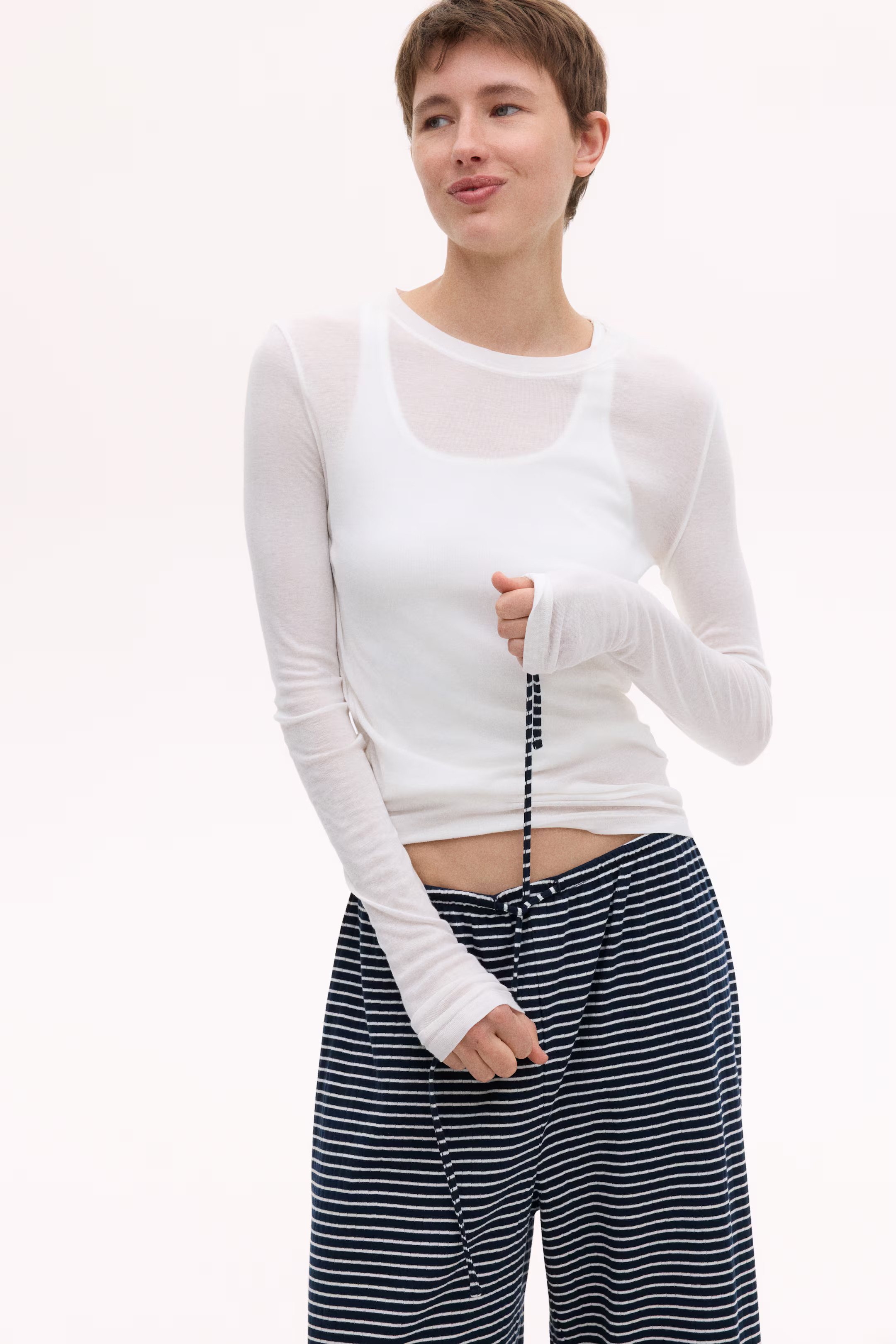 Ribbed Drawstring Pants - White/black striped - Ladies | H&M US | H&M (US + CA)