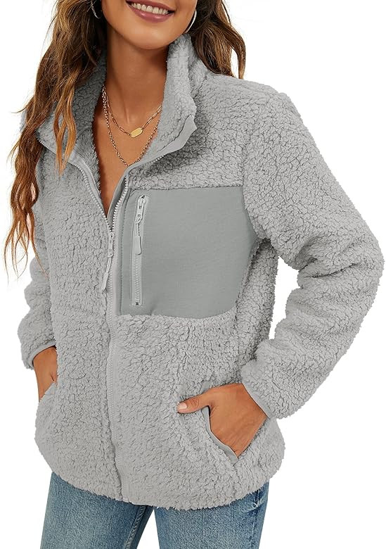 VVK Women's Fashion Faux Shearling Shaggy Full Zip Coats Warm Winter Patchwork Jackets with Pocke... | Amazon (US)