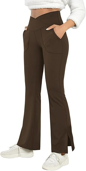 Women's Bootcut Yoga Pants Work Pants Crossover Split Hem Full Length Flare Leggings with Pocket | Amazon (US)