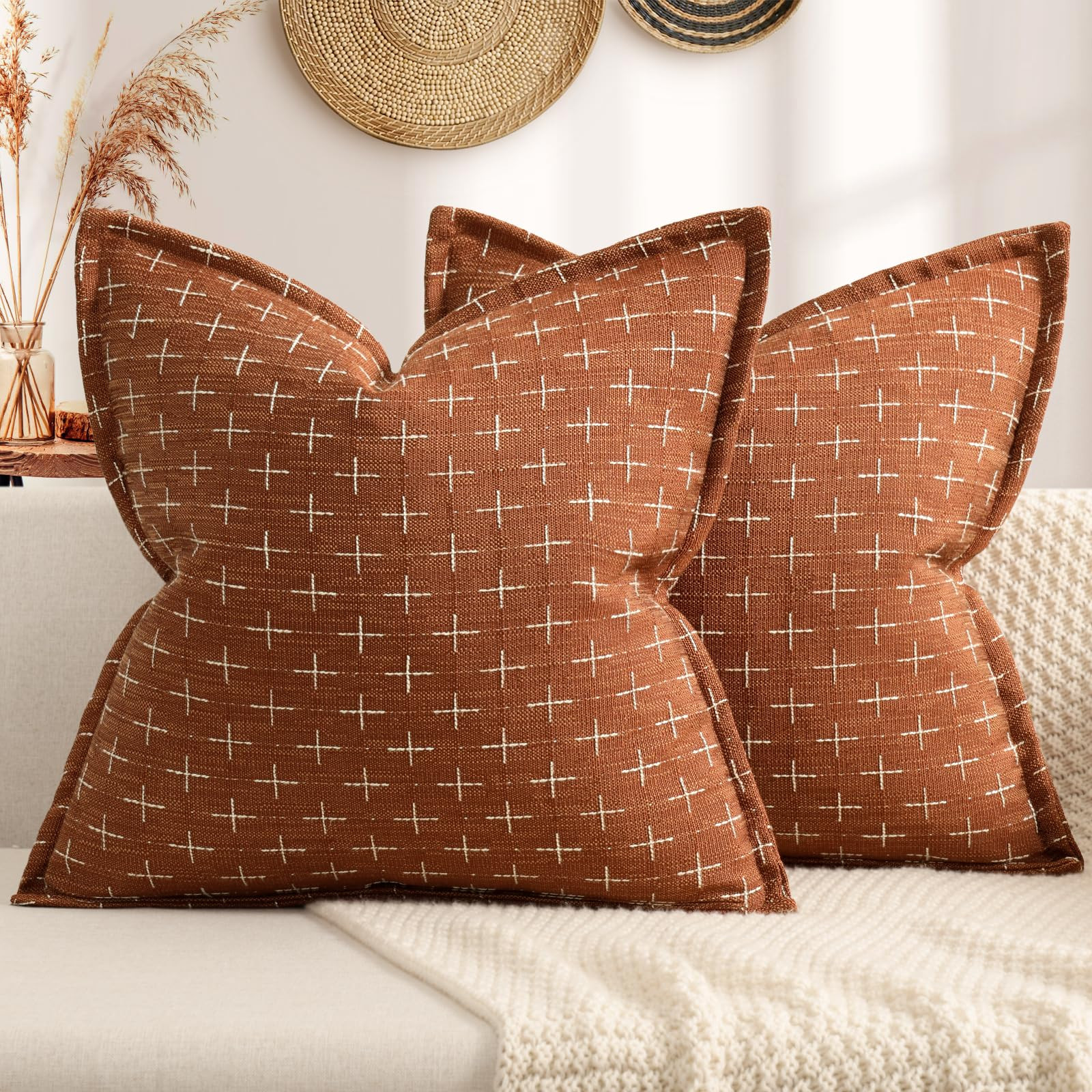 ZWJD Fall Pillow Covers 18x18 Set of 2 Soft Polyester Textured Rust Pillow Covers with Stylish Fl... | Amazon (US)