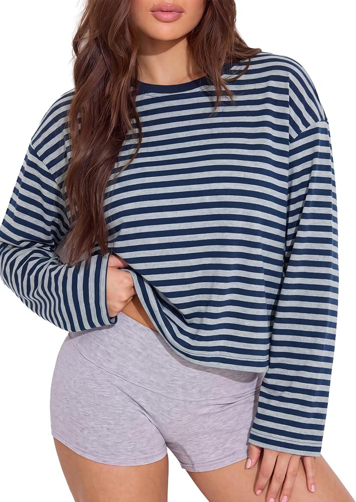 Women's Oversized Striped Long Sleeve Shirt Crew Neck Casual Top | Amazon (US)