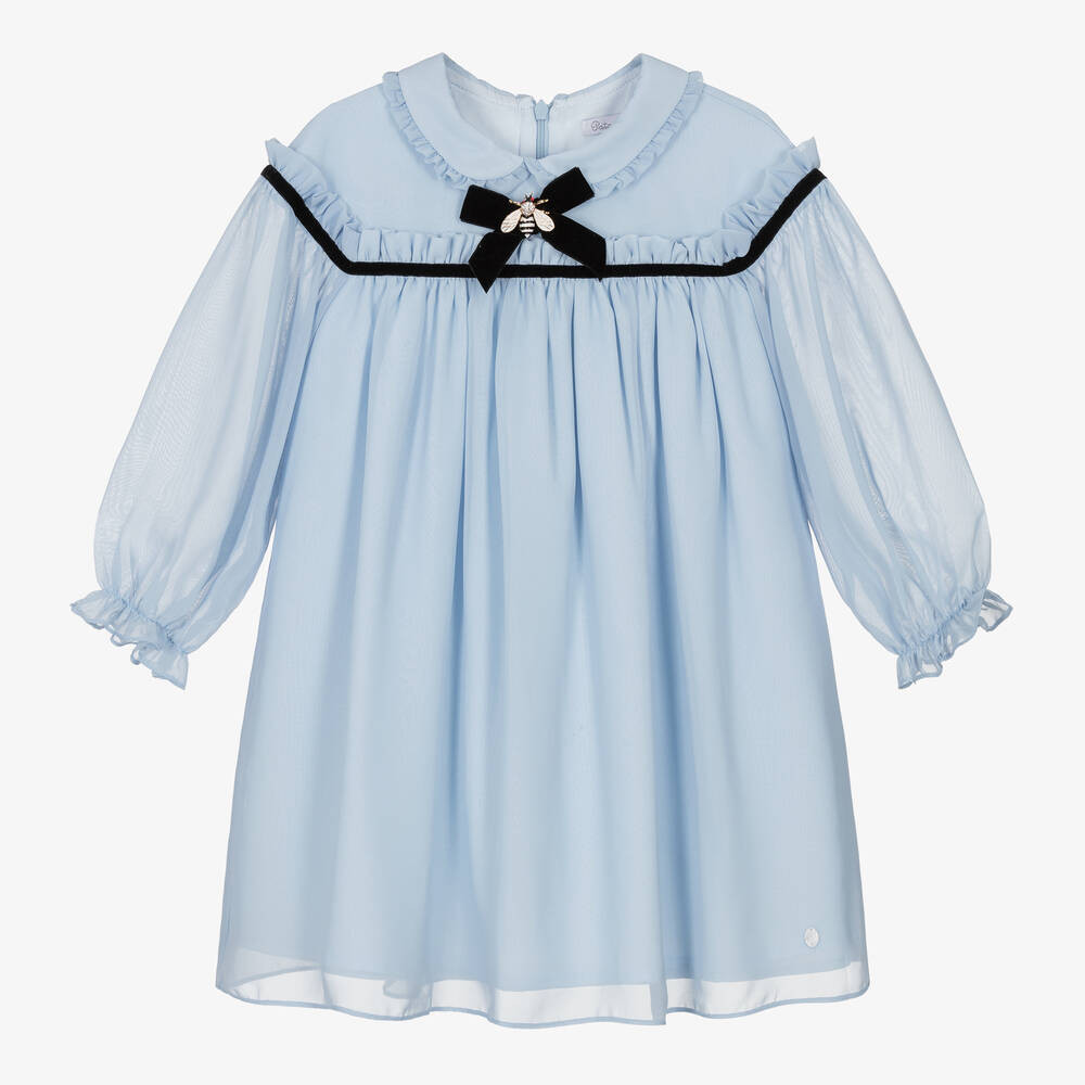 Girls Pale Blue Chiffon & Velvet Dress | Childrensalon