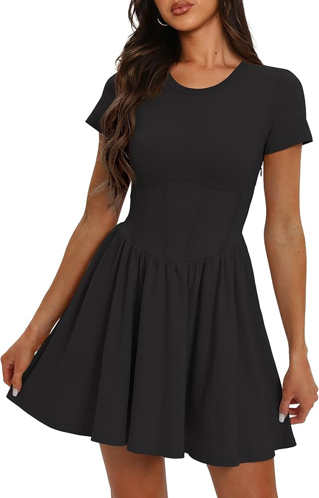 Darong Women Summer Crew Neck Short Sleeve A Line Dresses Drop Waist Pleated Swing T Shirt Short ... | Amazon (US)