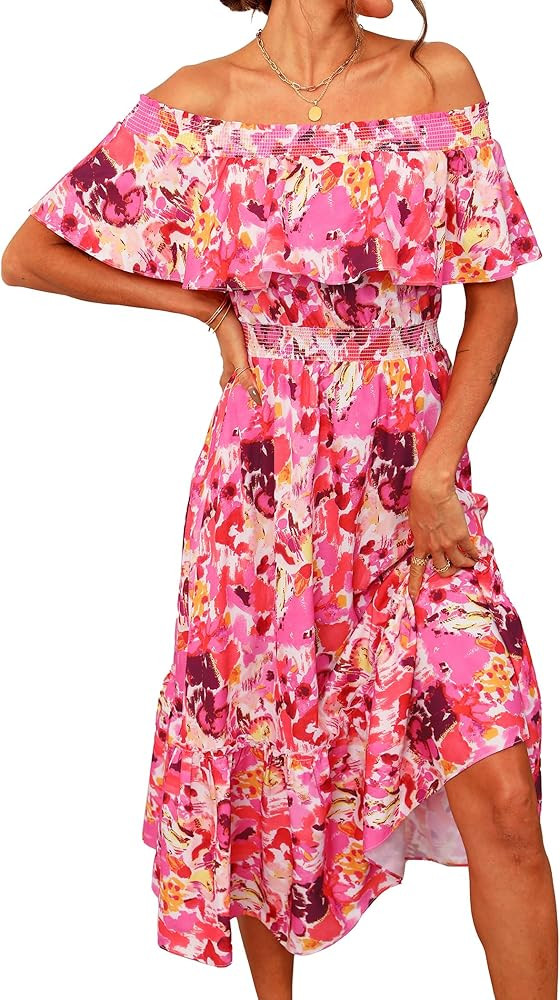 Prettywear Women's Casual Boho Off Shoulder Midi Dress Floral Print Short Sleeve A Line Flowy Sum... | Amazon (US)