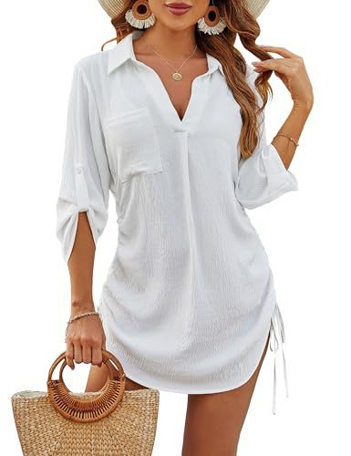 Blooming Jelly Womens Bathing Suit Cover Ups Bikini Swimsuit Coverup Drawstring Beach Dress Shirt(Small, White) | Amazon (US)