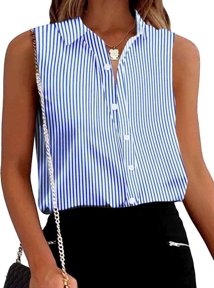 Zeagoo Women's Sleeveless Button Down Shirts Blouses Solid Casual Loose V Neck Tank Tops for Work... | Amazon (US)