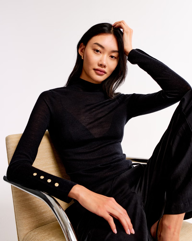 Merino Wool Button Sleeve Mockneck Top | Abercrombie & Fitch (US)