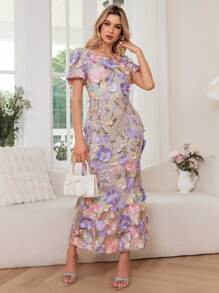 Women's Floral Embroidery Maxi Dress Wedding Guest Dress Evening Party Dress | SHEIN