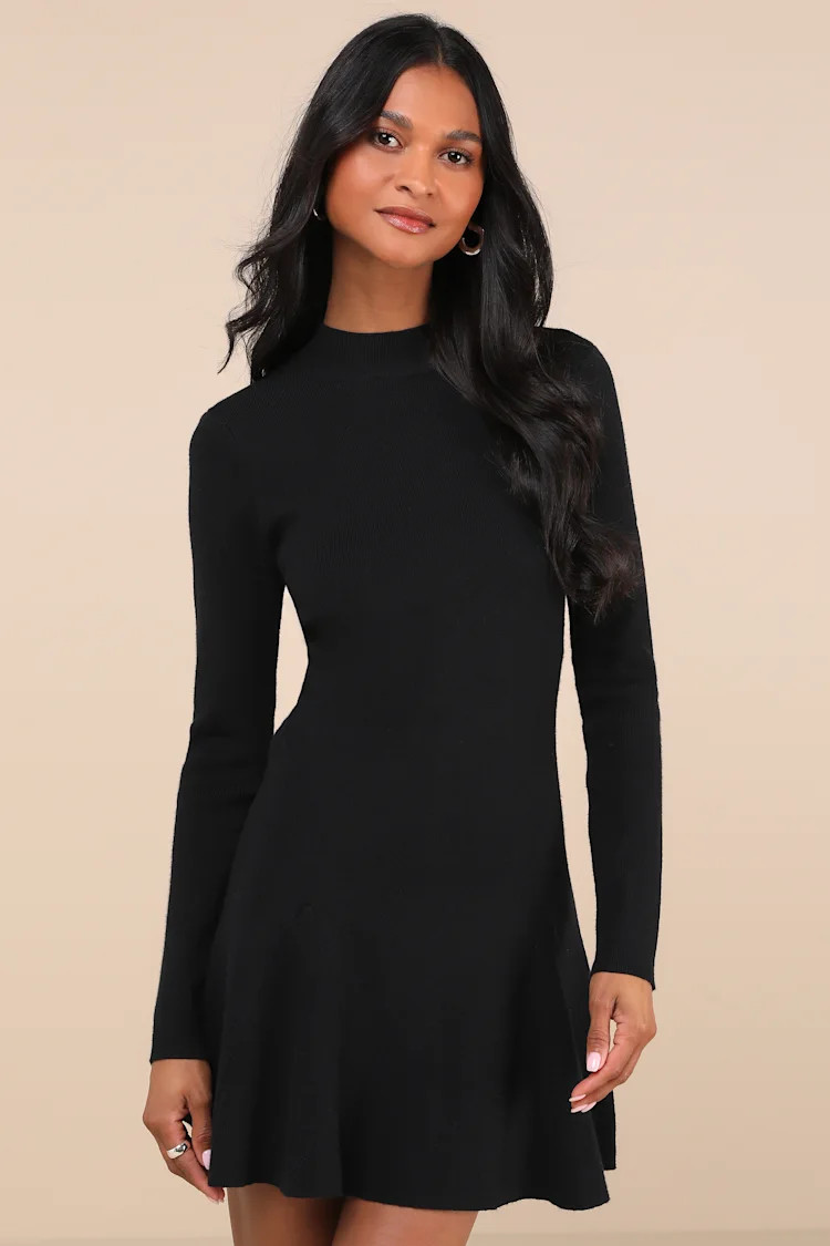 Adorable Intentions Black Mock Neck A-Line Mini Sweater Dress | Lulus