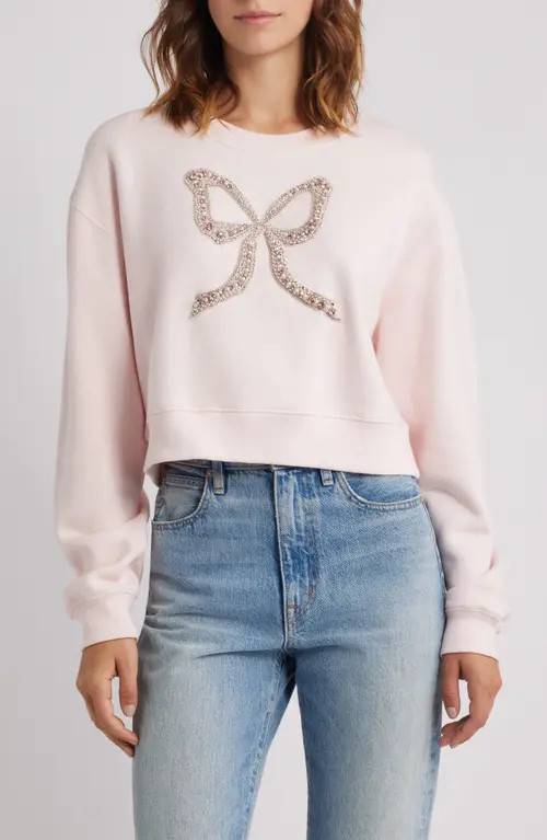 LoveShackFancy Rylan Faux Pearl Embellished Bow Sweatshirt in Wistful Pink at Nordstrom, Size X-Small | Nordstrom