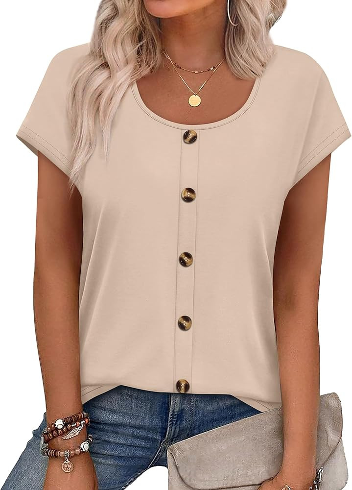 WIHOLL Womens Summer Tops Cap Short Sleeve Shirts Button Down Blouses U Neck T Shirts Fashion Clo... | Amazon (US)