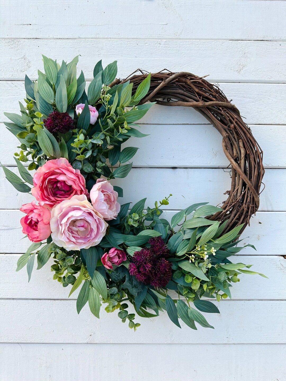 Spring Wreath for Front Door, Pink Ranunculus Flowers, Easter Wreath, Eucalyptus, Summer Wreath, ... | Etsy (US)