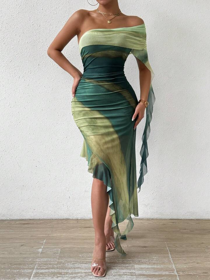 SHEIN Privé Ombre Print One Shoulder Ruched Ruffle Trim Dress | SHEIN