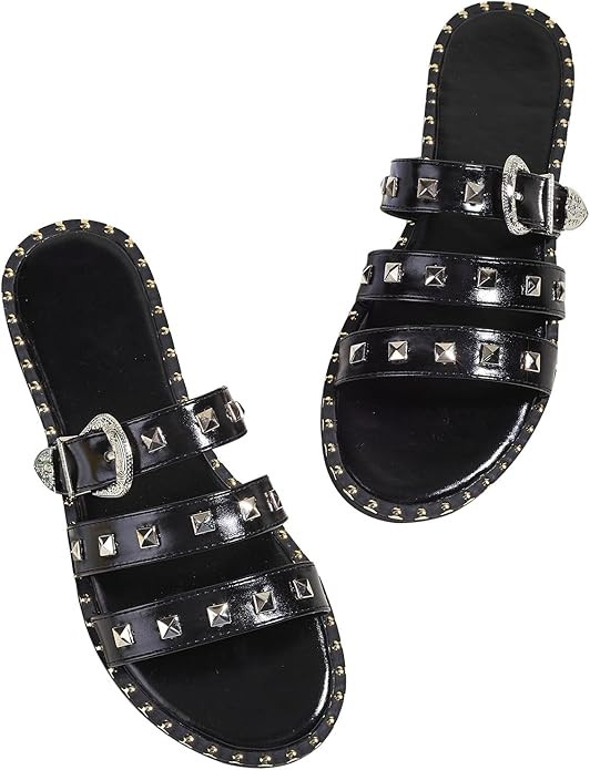 Verdusa Women's Studded Slide Sandals Punk Rivet Buckle Slip On Flats Sandals | Amazon (US)