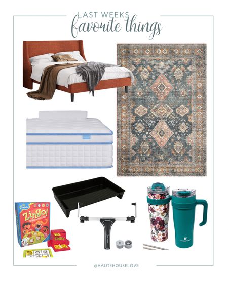 Last weeks favorite things. Guest bedroom bed, rug and mattress. Zingo game. 18” paint roller accessories. The better than Stanley cup!