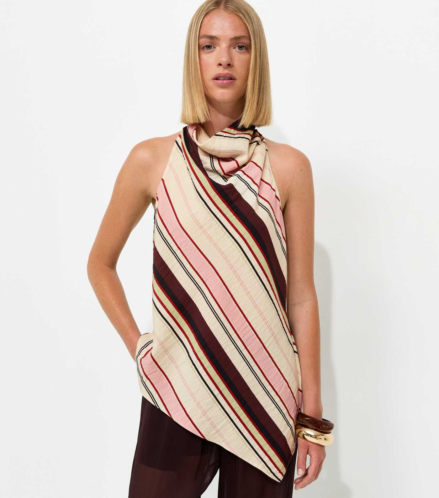 Pink Crinkle Texture Diagonal Stripe Cowl Neck Halter Top | New Look | New Look (UK)