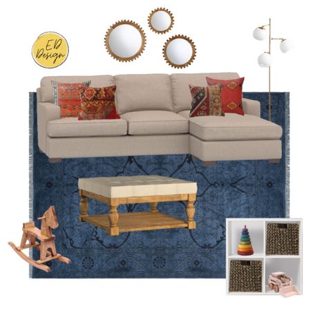 Living room design, living room inspo,sectional sofa, beige sectional, blue rug, red pillow, upholstered coffee table, cocktail table, kid friendly, toy storage, wooden toys, round mirror, floor lamp

#LTKhome #LTKkids