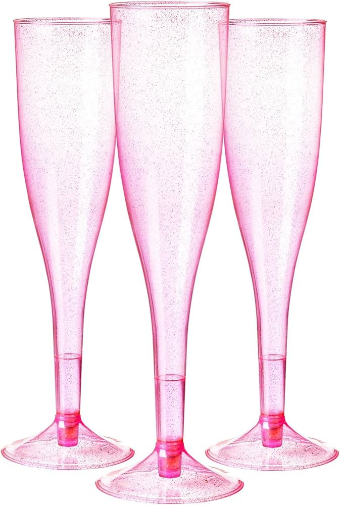 Homy Feel Pink Glitter Plastic Pink Wine Glasses 30 Pack, 6.5 OZ Champagne Flutes Disposable for ... | Amazon (US)