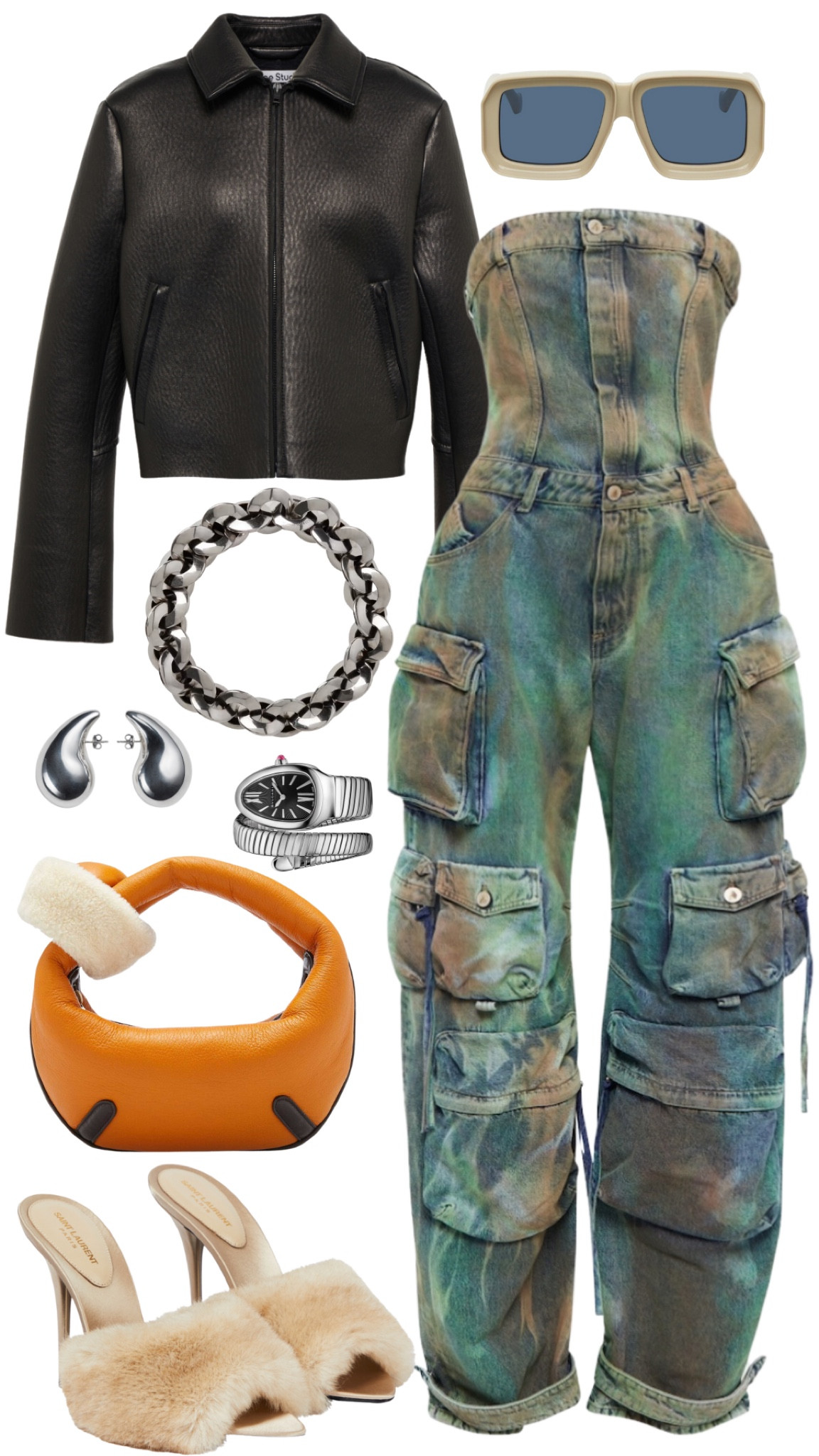 acne studios jacket 
the attico cargo jumpsuit 
saint laurent heels 
bottega veneta bag 
loewe sunglasses 
alexander mcqueen necklace 
bottega veneta drop earrings 
bulgari serpenti watch 

#LTKSeasonal #LTKfit #LTKFind