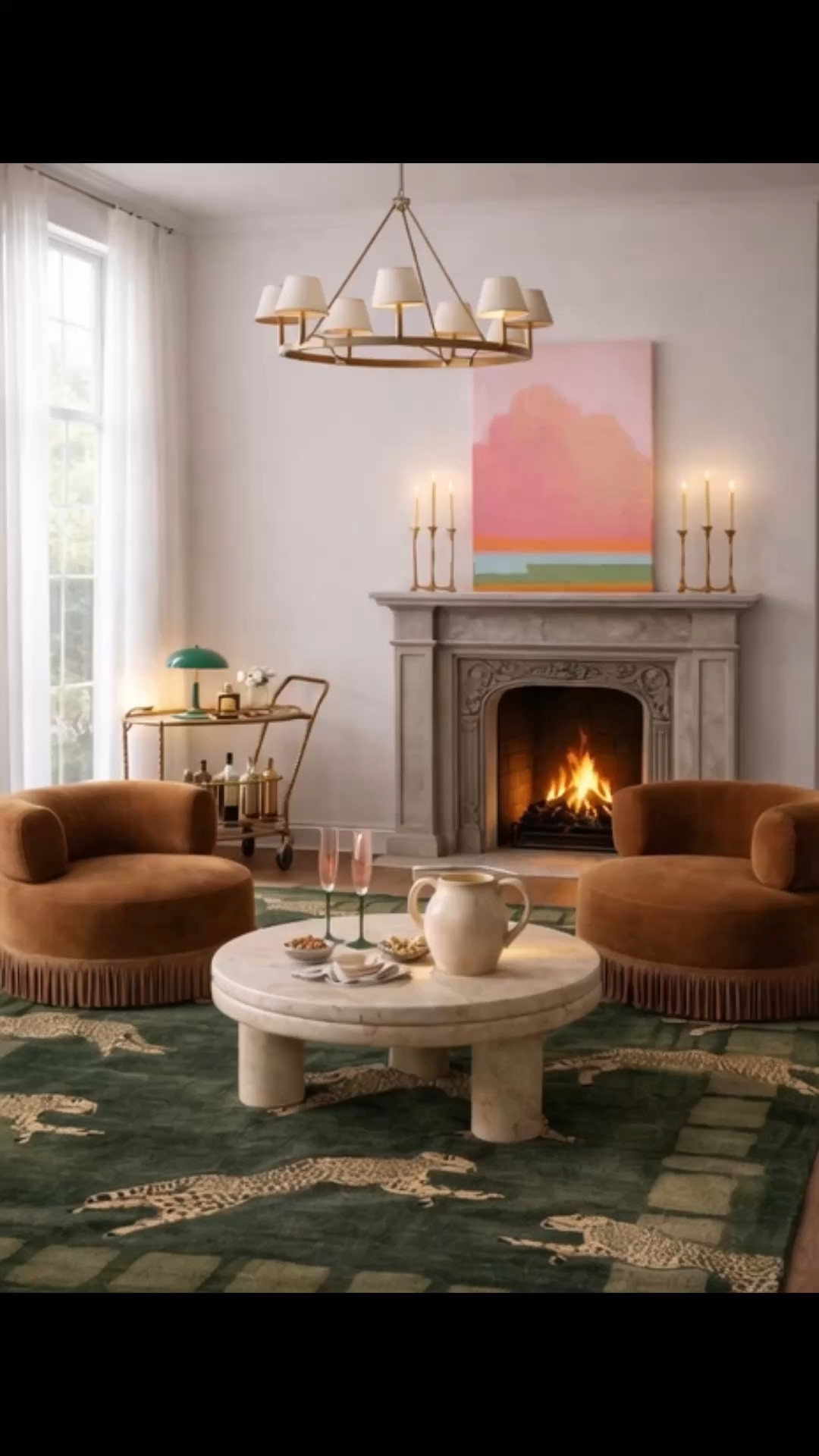 A cozy after-dinner lounge—and a beautiful way to transition the living room toward fall. ✨

The brown velvet lounge chairs bring warmth and comfort, while the fringe adds elegance and sophistication. The colorful artwork keeps the room feeling bright, the statement washable rug brings rich pattern, and the brass bar cart makes an evening cocktail effortless.

With the marble coffee table, classic chandelier, candlelight, and a glowing fireplace, the room feels inviting, polished, and ready for the season ahead.

Shop the velvet lounge chairs, artwork, washable rug, coffee table, bar cart, chandelier, wine glasses, and living room décor.

#LTKHome #LTKSaleAlert #LivingRoomRefresh #FallTransition #AfterDinnerLounge #VelvetChair #FringeChair #Artwork #WashableRug #BarCart #CoffeeTable #Fireplace #LivingRoomDecor #ModernClassic

#LTKdayinmylife #LTKHome #LTKSaleAlert