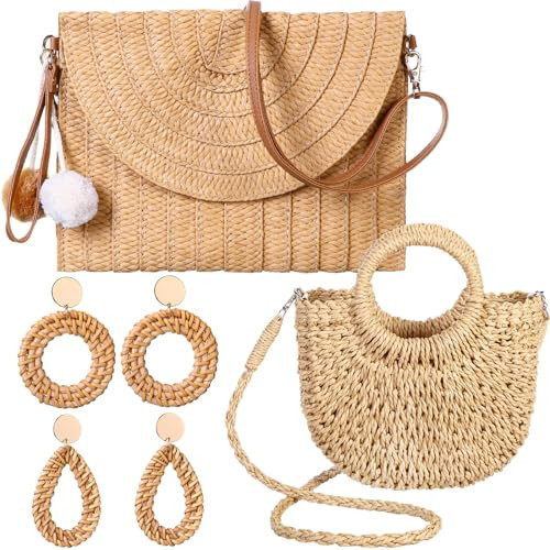 JaGely 2 Pack Women Straw Crossbody Bag Straw Clutch Rattan Purse for Women with 2 Pairs Rattan Earrings for Summer Beach Holiday Accessories | Amazon (US)