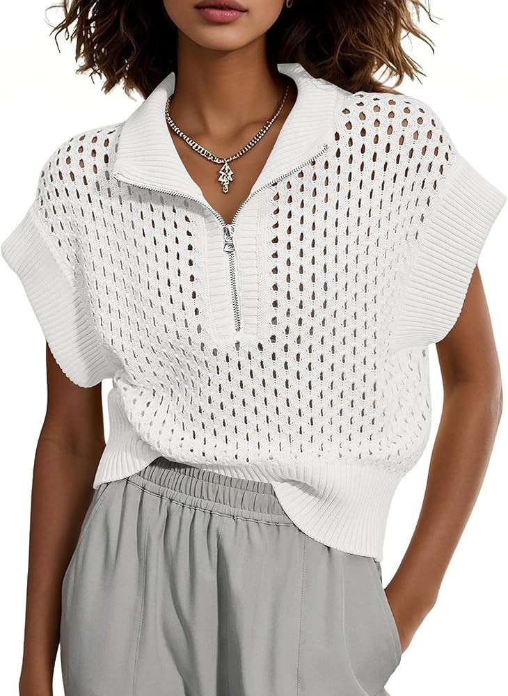 Women's Hollow Out Cap Sleeve Sweaters Vest Summer Crochet Tops Half Zip Ribbed Pullover Tank Top... | Amazon (US)