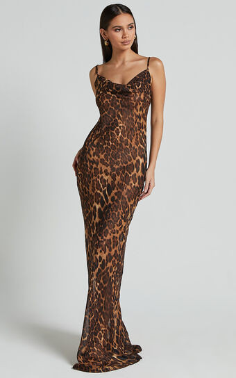 Hilary Maxi Dress - Sheer Cowl Neck Slip Dress in Leopard | Showpo (US, UK & Europe)