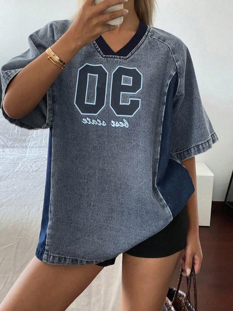 Livesso Women's V-Neck Contrast Letter Print Loose Denim Short Sleeve Top | SHEIN